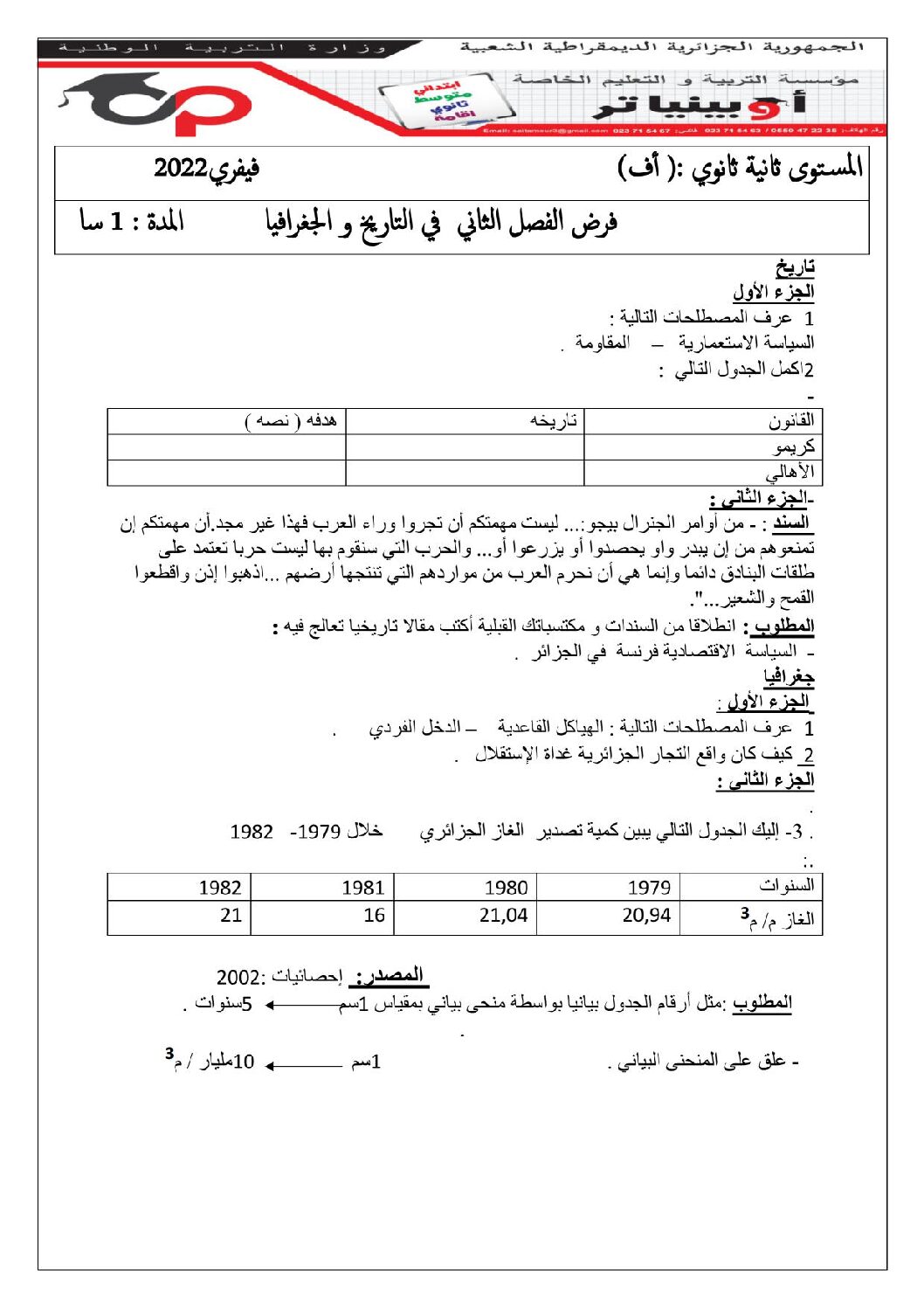 فرض في التاريخ والجغرافيا الفصل الثاني السنة الثانية ثانوي أدبي رقم 8 مع التصحيح