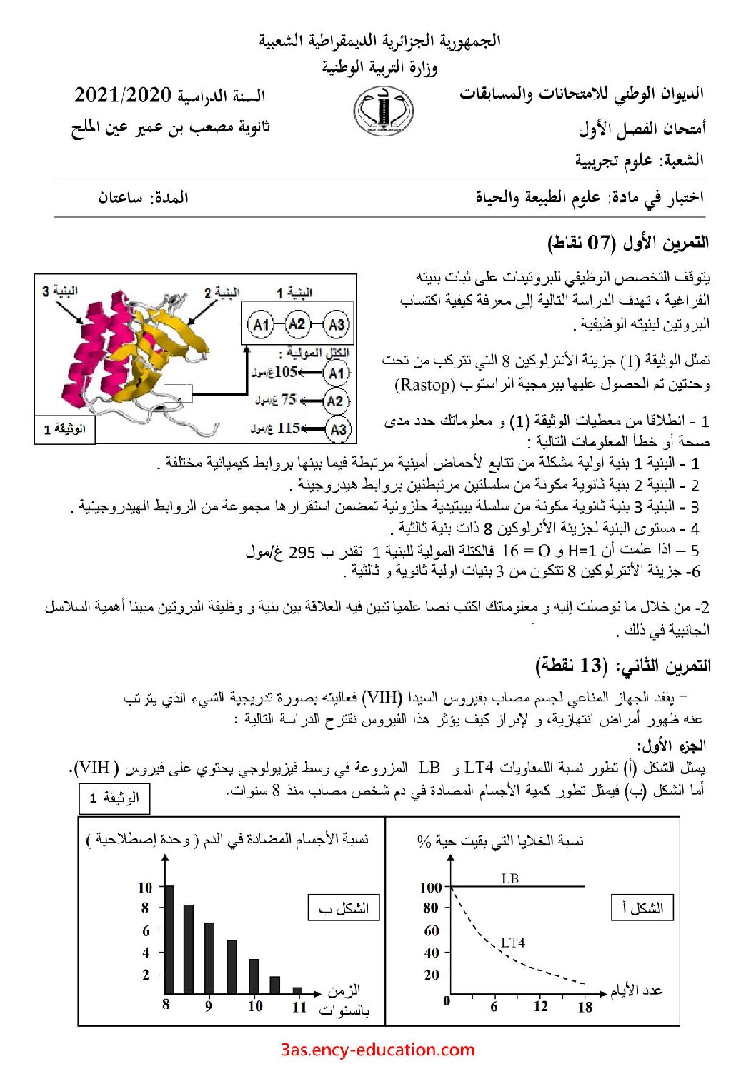 اختبار في العلوم الطبيعية الفصل الأول السنة الثالثة ثانوي علوم تجريبية رقم 80 مع التصحيح