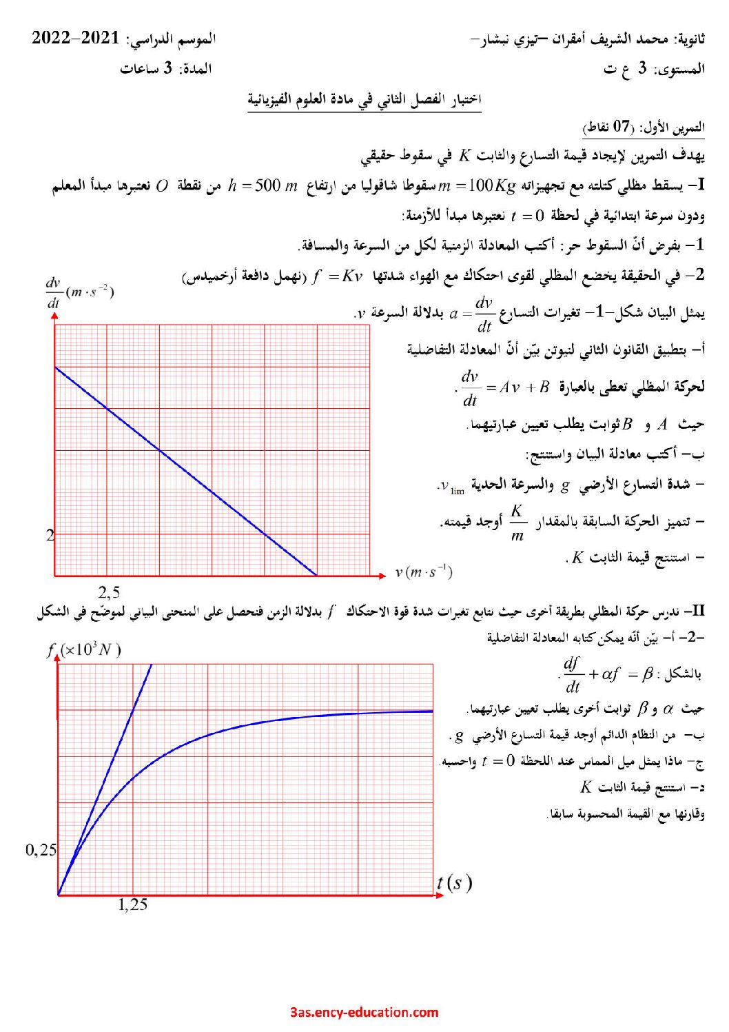اختبار في العلوم الفيزيائية الفصل الثاني السنة الثالثة ثانوي رقم 80