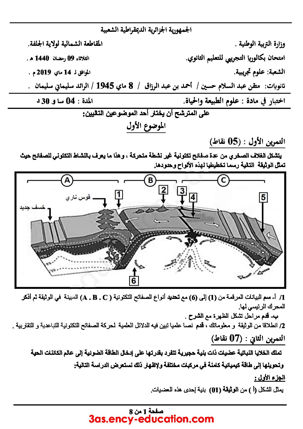 اختبار في العلوم الطبيعية الفصل الثالث السنة الثالثة ثانوي علوم تجريبية رقم 81