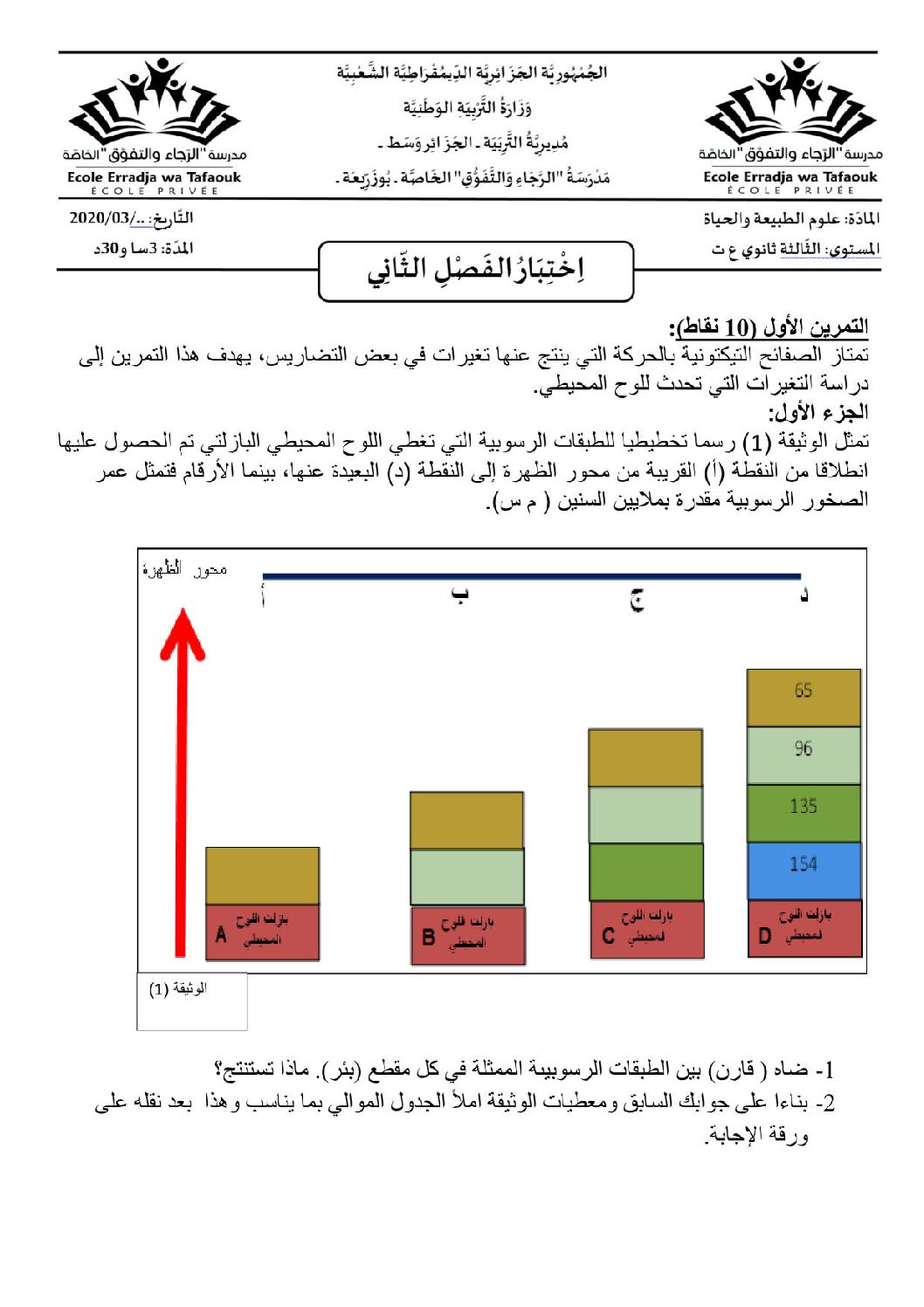 اختبار في العلوم الطبيعية الفصل الثاني السنة الثالثة ثانوي علوم تجريبية رقم 85