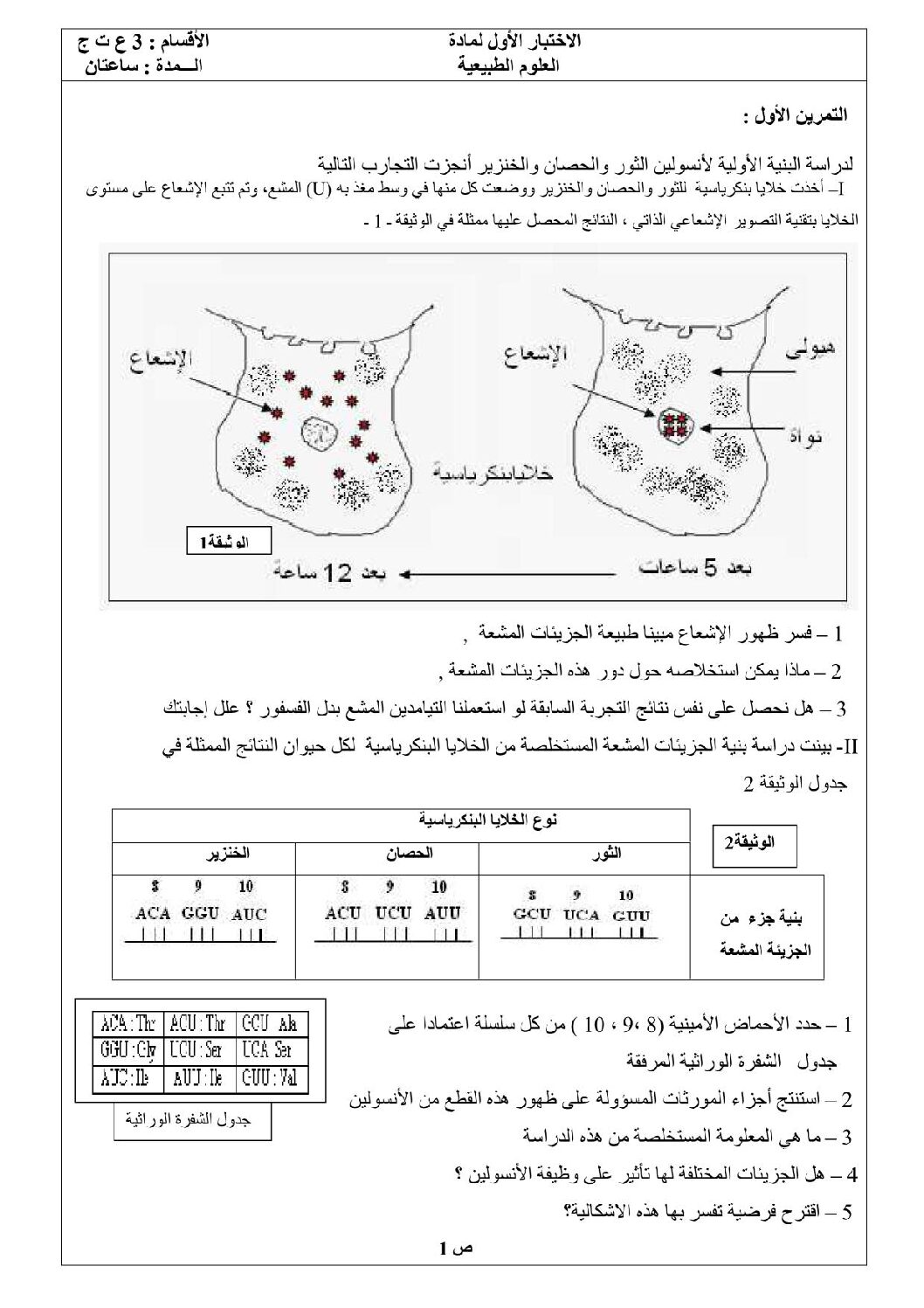 اختبار في العلوم الطبيعية الفصل الأول السنة الثالثة ثانوي علوم تجريبية رقم 9 مع التصحيح