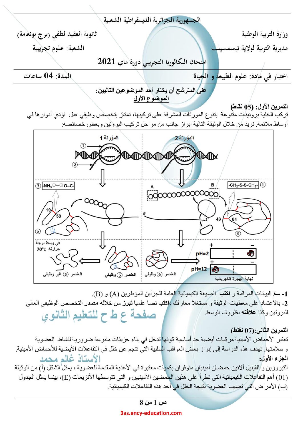 اختبار في العلوم الطبيعية الفصل الثالث السنة الثالثة ثانوي علوم تجريبية رقم 97 مع التصحيح