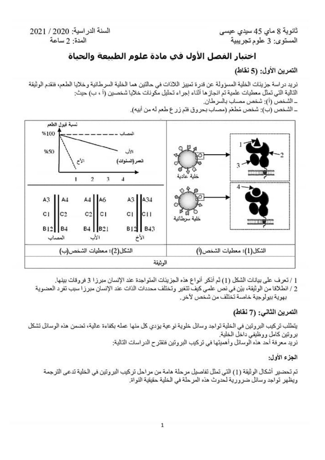 اختبار في العلوم الطبيعية الفصل الأول السنة الثالثة ثانوي علوم تجريبية رقم 96 مع التصحيح
