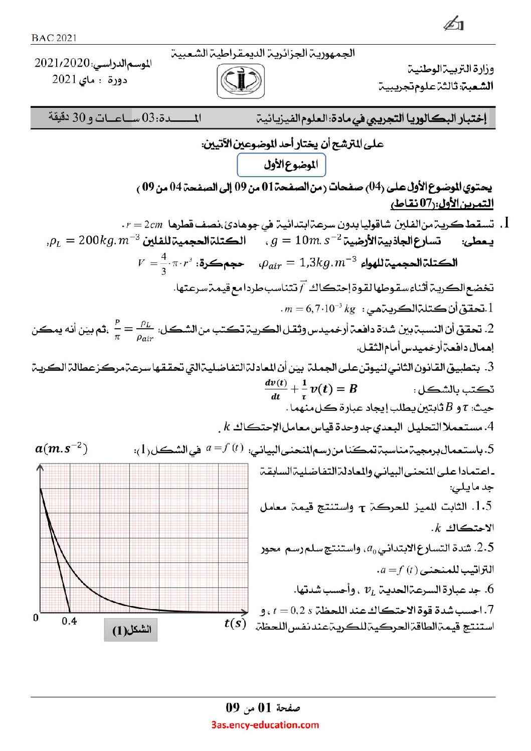 اختبار في العلوم الفيزيائية الفصل الثاني السنة الثالثة ثانوي رقم 96 مع التصحيح