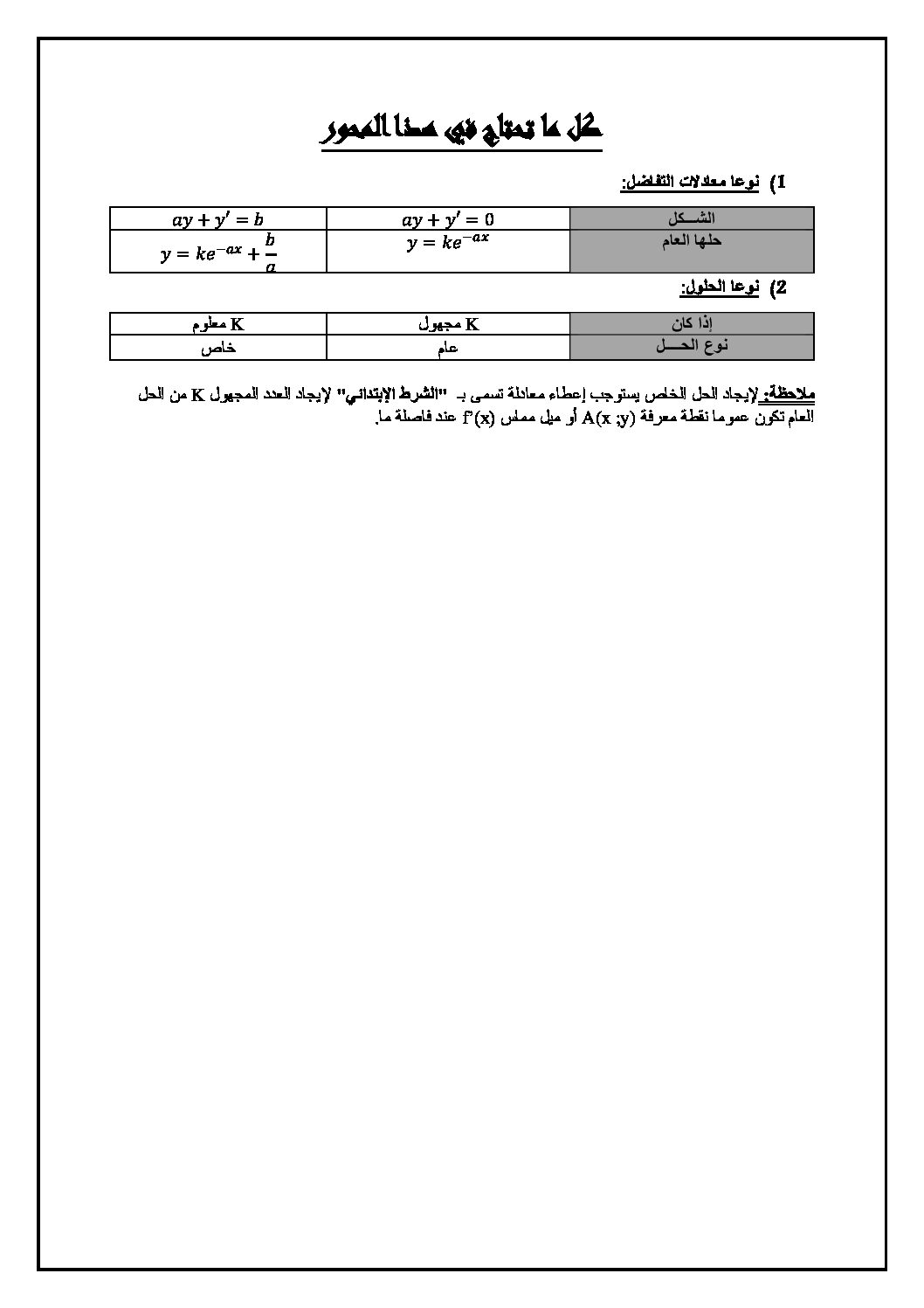 ملخص وتمارين محلولة في المعادلات التفاضلية سنة 3 ثانوي الأستاذ لوتيس