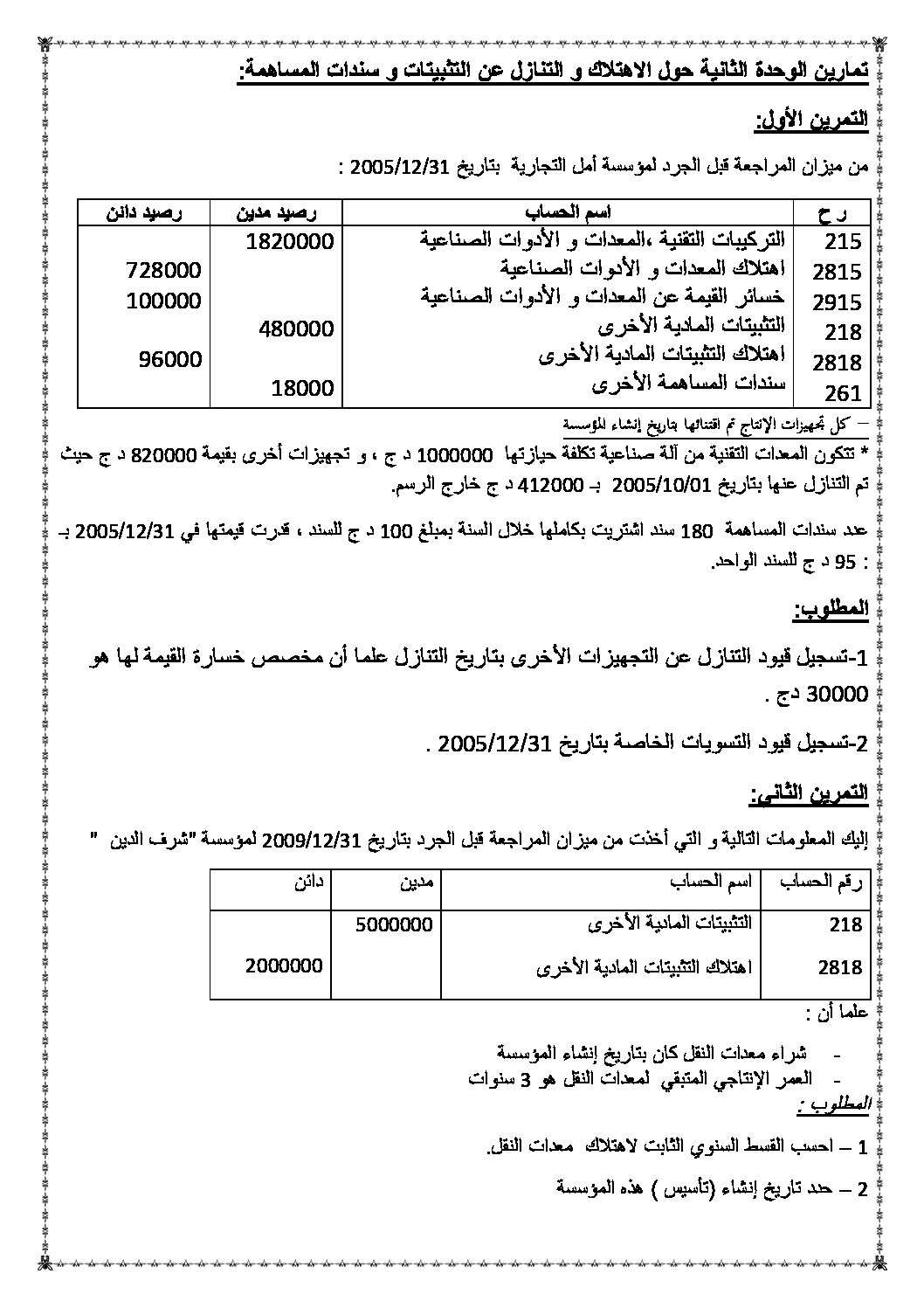 تمارين حول الاهتلاك والتنازل عن التثبيتات وسندات المساهمة