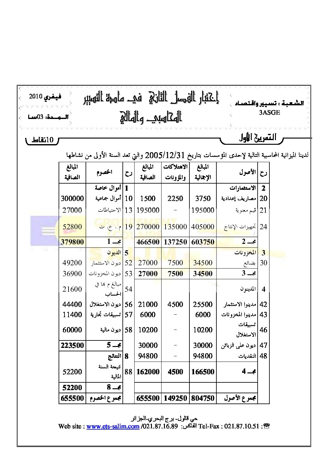 اختبار في التسيير المحاسبي الفصل الثاني السنة الثالثة ثانوي رقم 1
