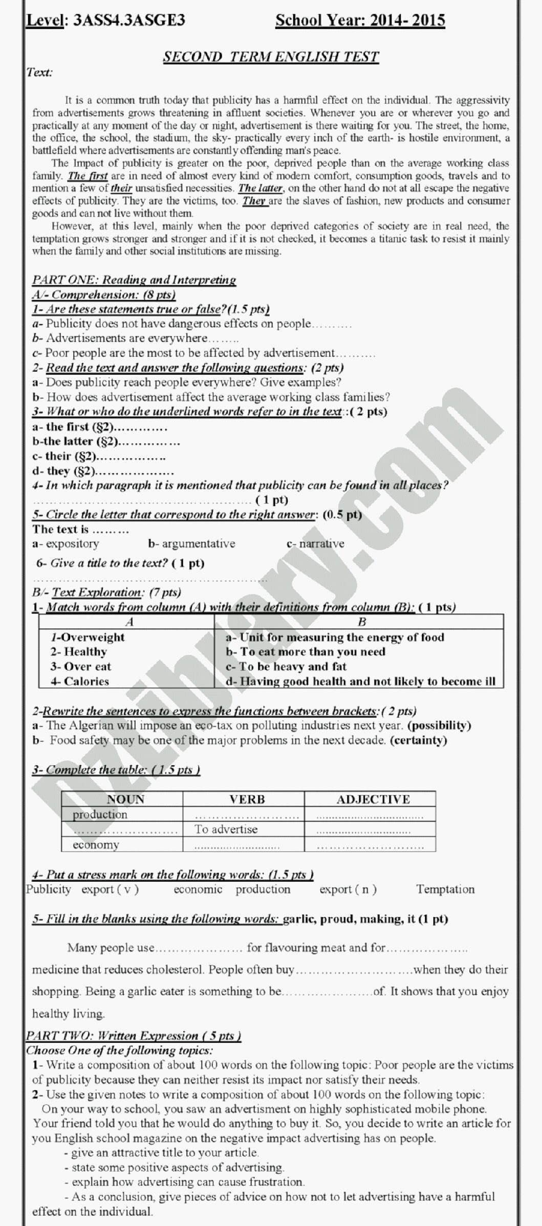 فرض في اللغة الإنجليزية الفصل الثاني السنة الثالثة ثانوي شعب علمية رقم 1 مع التصحيح