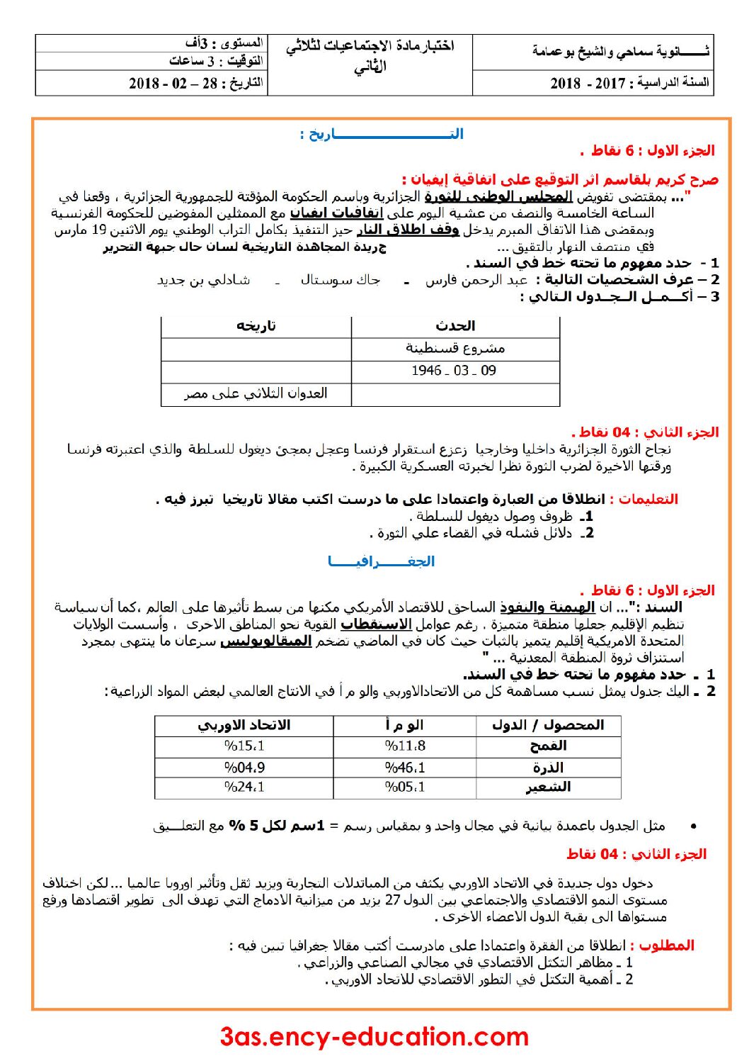 اختبار في التاريخ والجغرافيا الفصل الثاني السنة الثالثة ثانوي شعب أدبية رقم 10 مع التصحيح