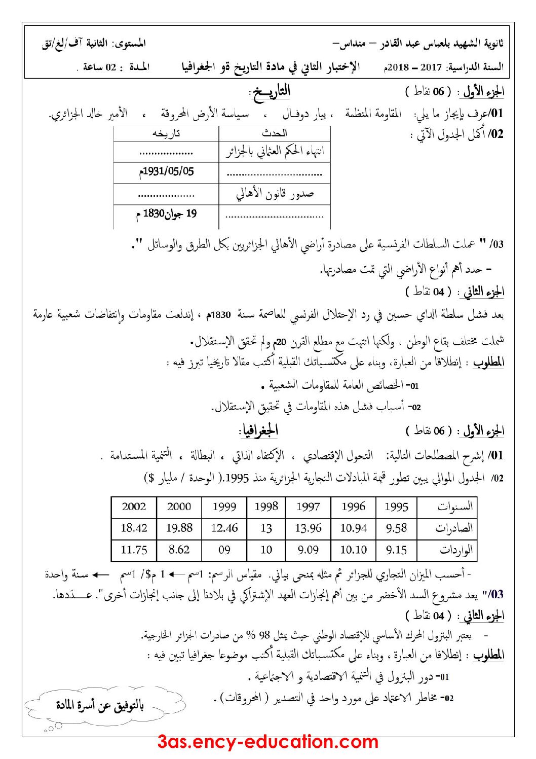 اختبار في التاريخ والجغرافيا الفصل الثاني السنة الثالثة ثانوي شعب أدبية رقم 11 مع التصحيح