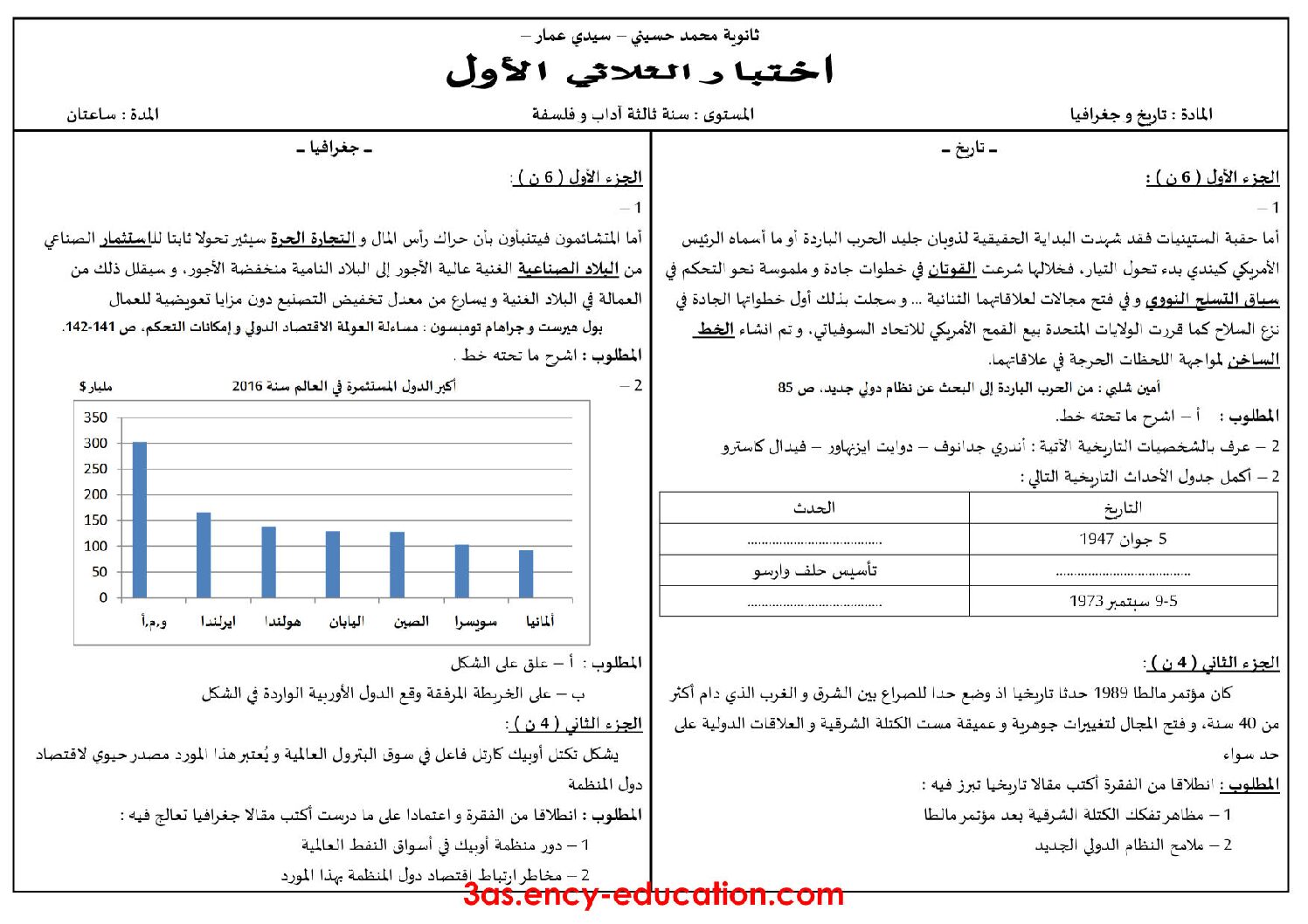 اختبار في التاريخ والجغرافيا الفصل الأول السنة الثالثة ثانوي شعب أدبية رقم 14 مع التصحيح