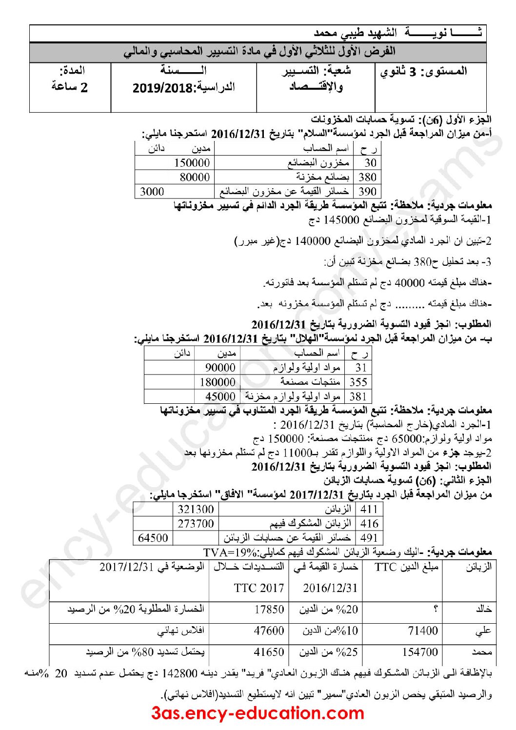 فرض في التسيير المحاسبي الفصل الأول السنة الثالثة ثانوي رقم 14