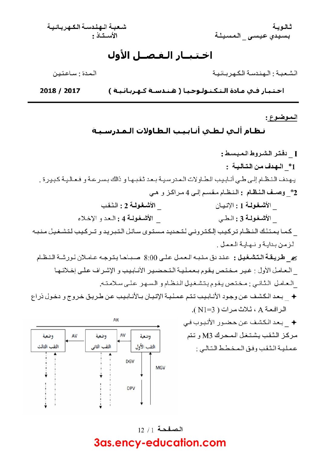 اختبار في الهندسة الكهربائية الفصل الأول السنة الثالثة ثانوي رقم 15