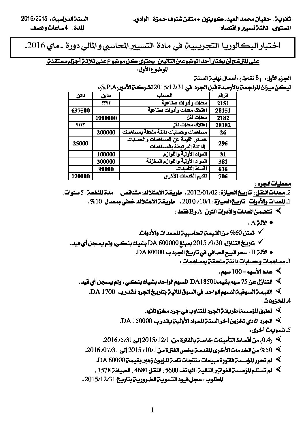 اختبار في التسيير المحاسبي الفصل الثالث السنة الثالثة ثانوي رقم 15 مع التصحيح