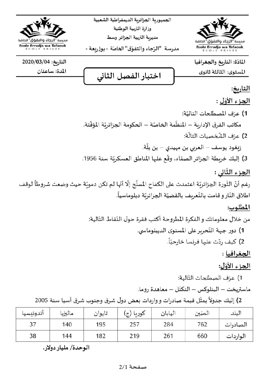 اختبار في التاريخ والجغرافيا الفصل الثاني السنة الثالثة ثانوي شعب علمية رقم 15 مع التصحيح