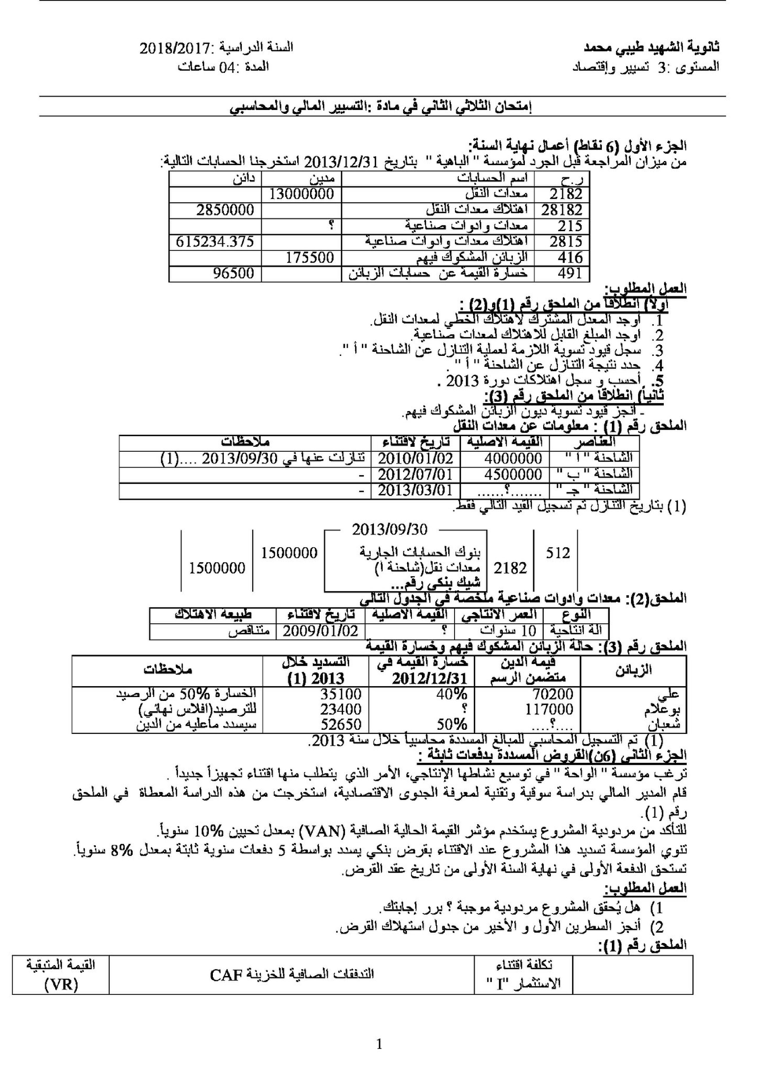 اختبار في التسيير المحاسبي الفصل الثاني السنة الثالثة ثانوي رقم 15