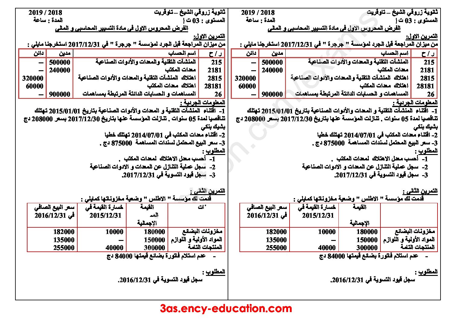فرض في التسيير المحاسبي الفصل الأول السنة الثالثة ثانوي رقم 15