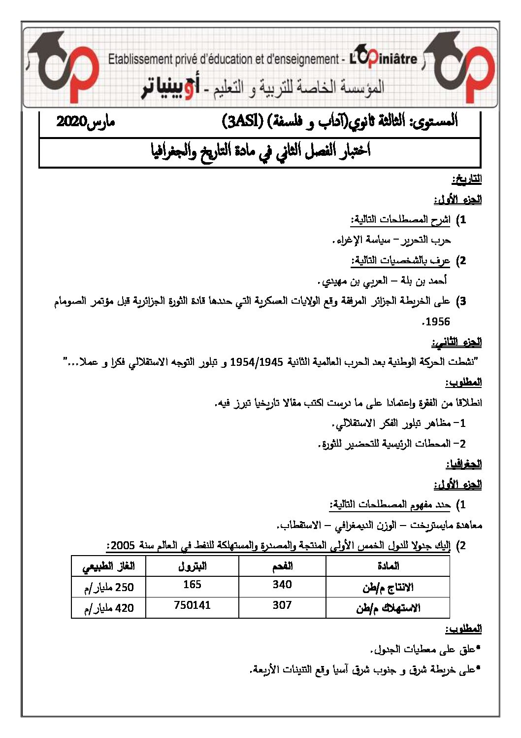 اختبار في التاريخ والجغرافيا الفصل الثاني السنة الثالثة ثانوي شعب أدبية رقم 16 مع التصحيح