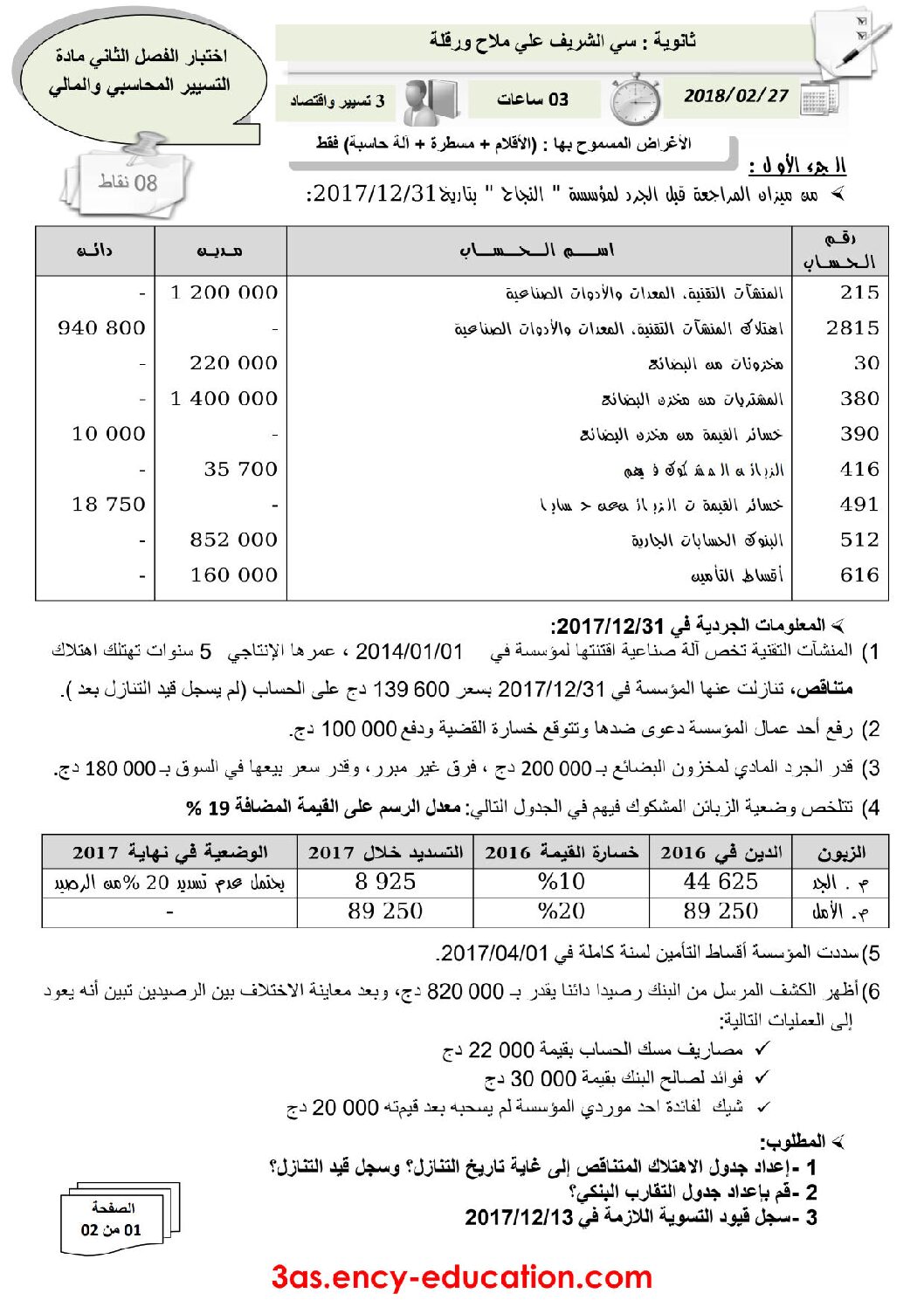 اختبار في التسيير المحاسبي الفصل الثاني السنة الثالثة ثانوي رقم 16