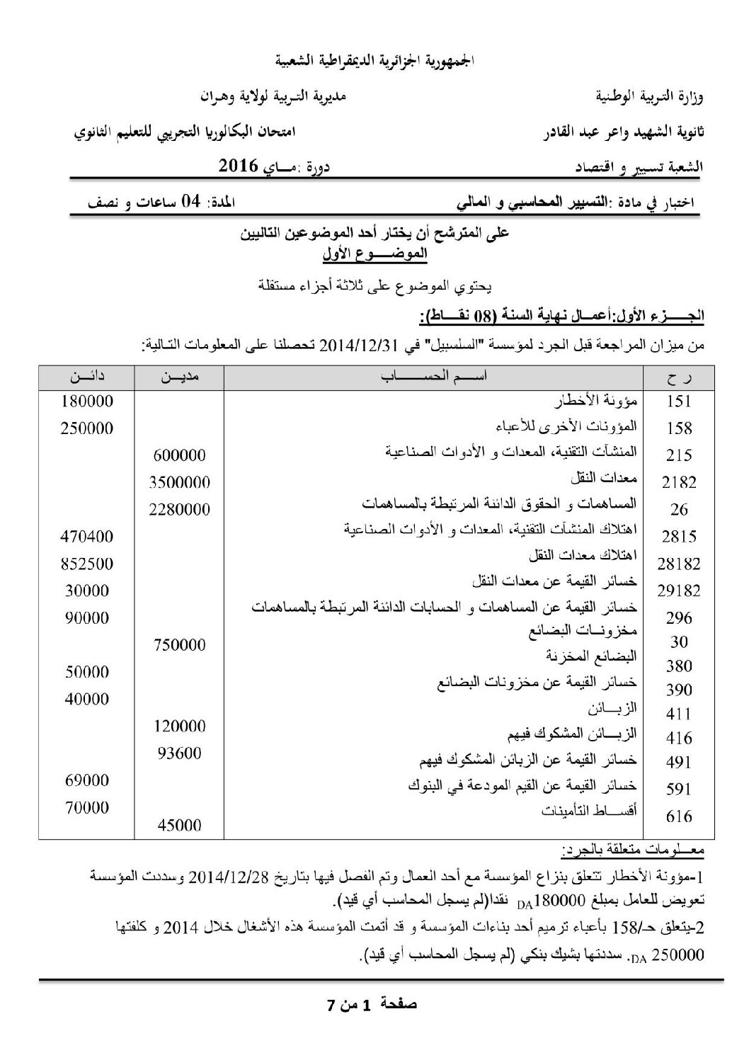 اختبار في التسيير المحاسبي الفصل الثالث السنة الثالثة ثانوي رقم 17
