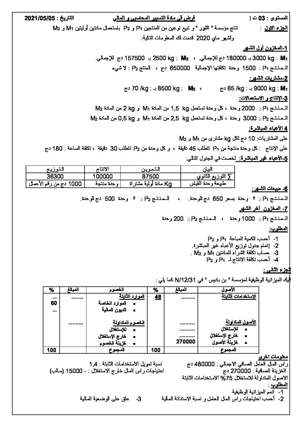 فرض في التسيير المحاسبي الفصل الثاني السنة الثالثة ثانوي رقم 17