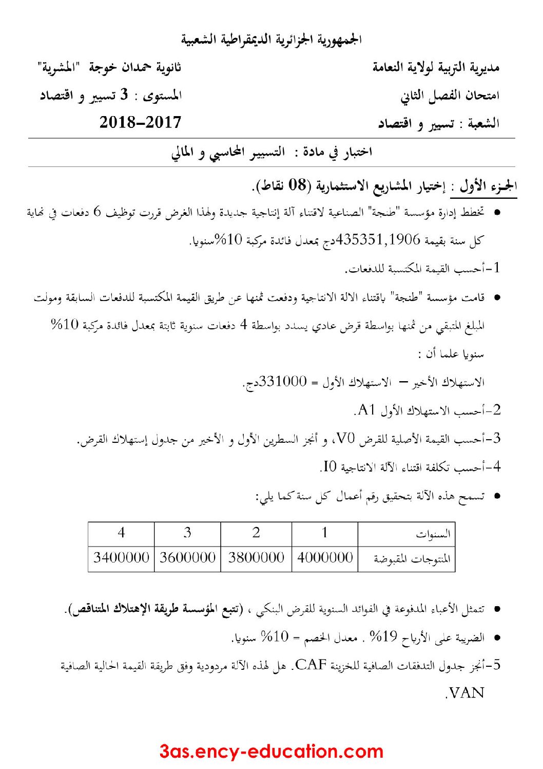 اختبار في التسيير المحاسبي الفصل الثاني السنة الثالثة ثانوي رقم 18