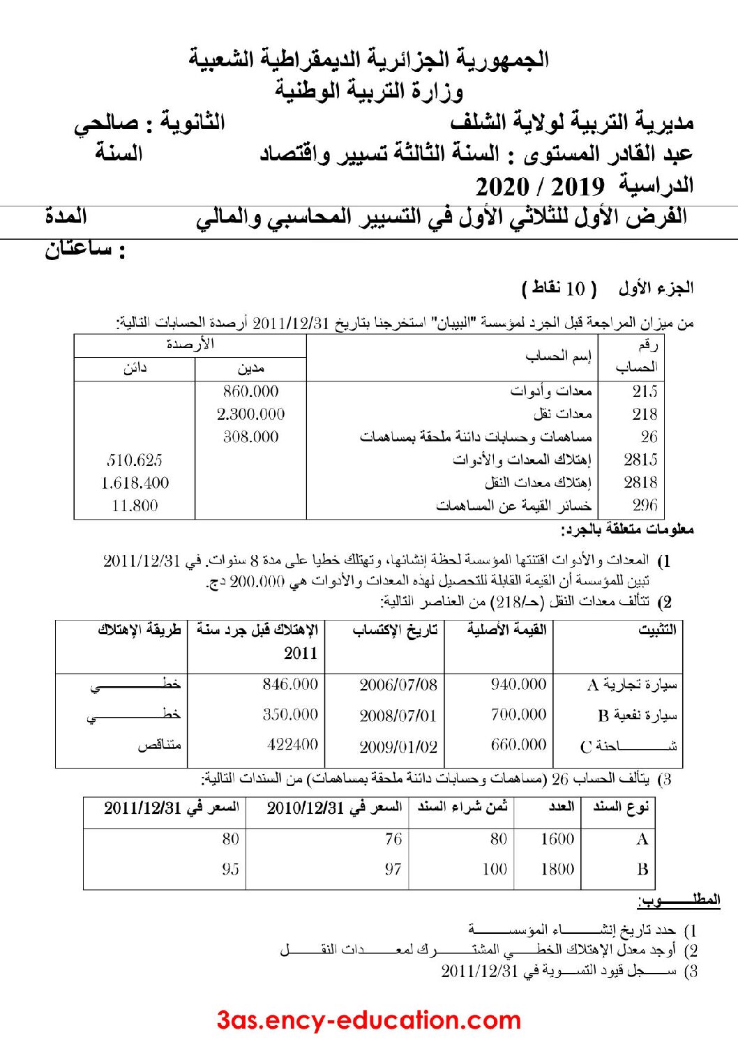 فرض في التسيير المحاسبي الفصل الأول السنة الثالثة ثانوي رقم 18 مع التصحيح