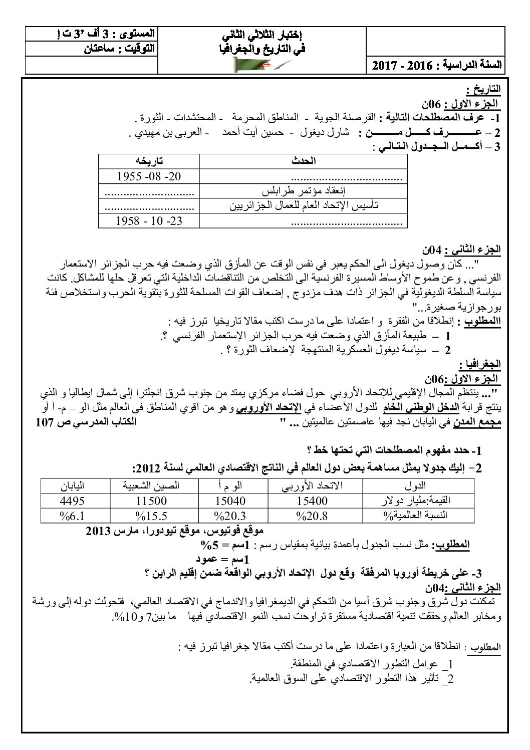 اختبار في التاريخ والجغرافيا الفصل الثاني السنة الثالثة ثانوي تسيير واقتصاد رقم 2 مع التصحيح