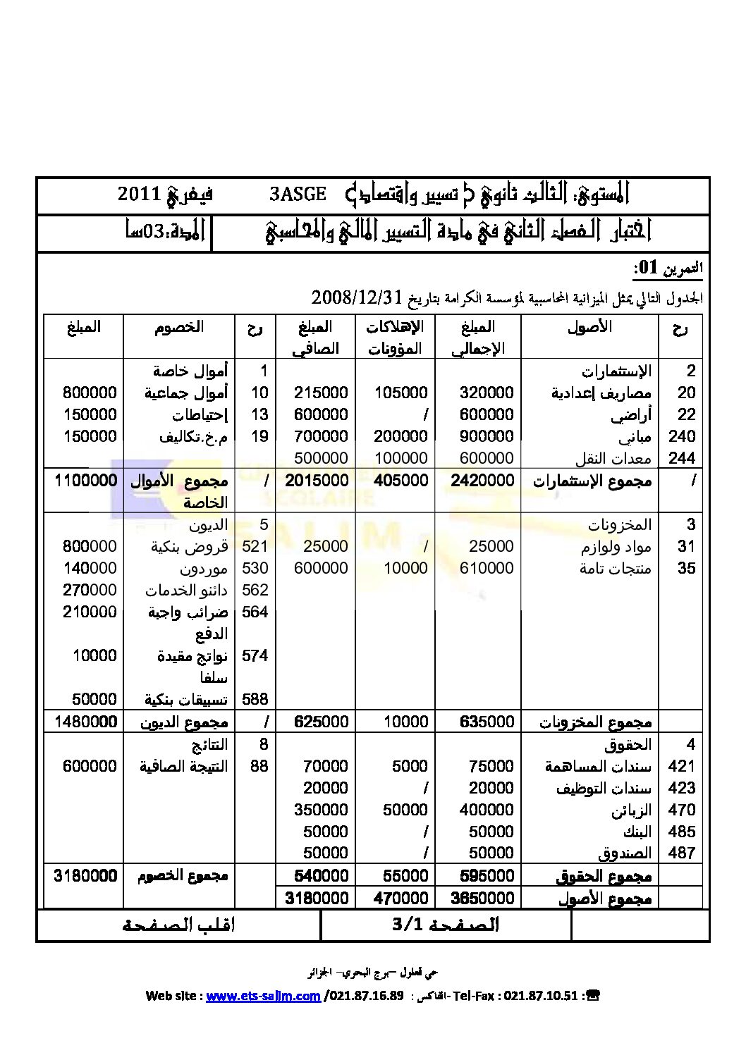 اختبار في التسيير المحاسبي الفصل الثاني السنة الثالثة ثانوي رقم 2 مع التصحيح