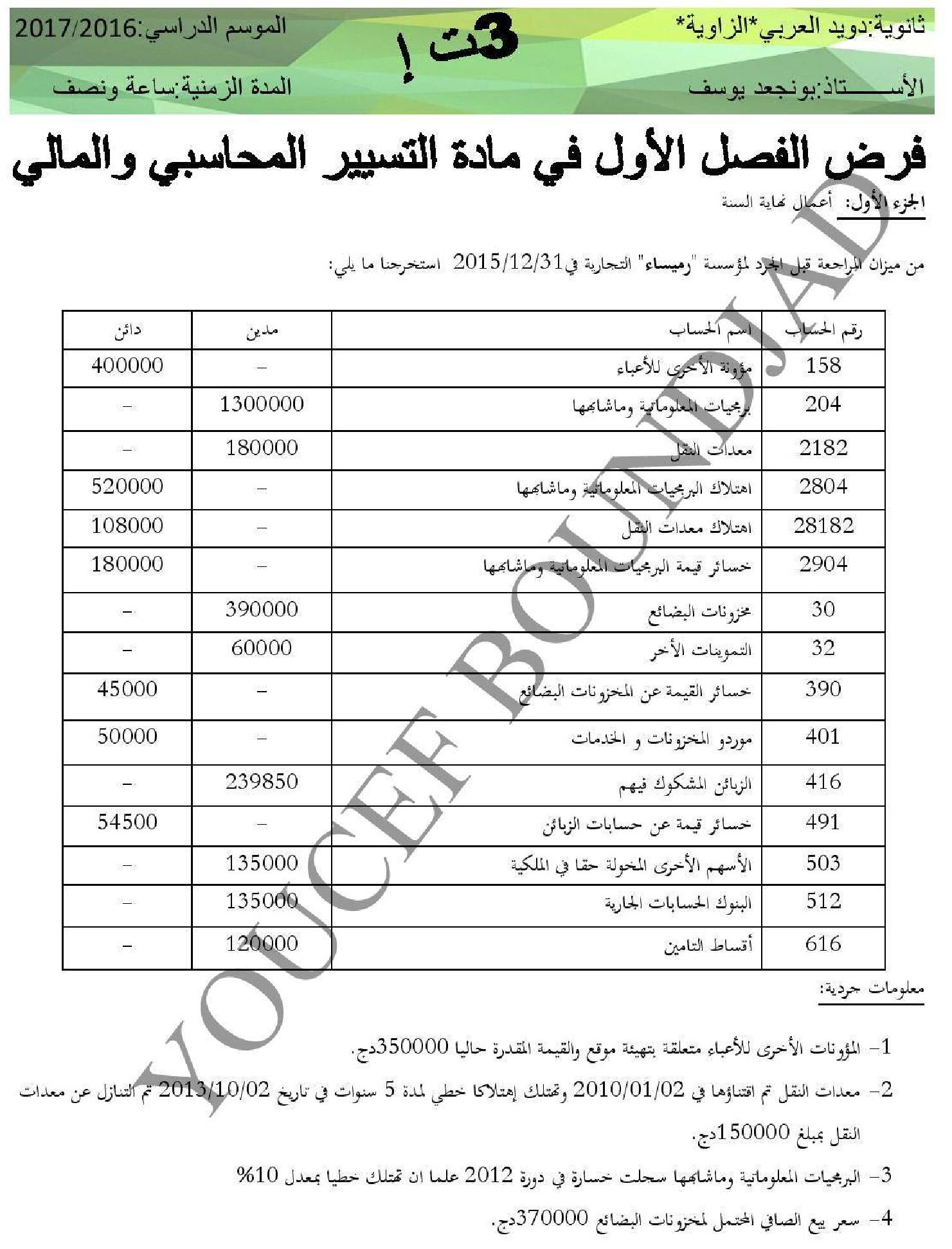 فرض في التسيير المحاسبي الفصل الأول السنة الثالثة ثانوي رقم 2
