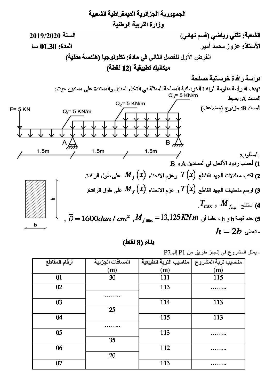 فرض في الهندسة المدنية الفصل الثاني السنة الثالثة ثانوي رقم 2