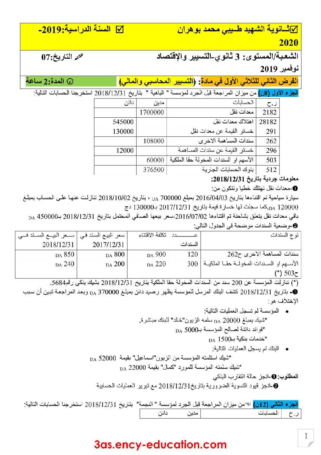 فرض في التسيير المحاسبي الفصل الأول السنة الثالثة ثانوي رقم 20 مع التصحيح