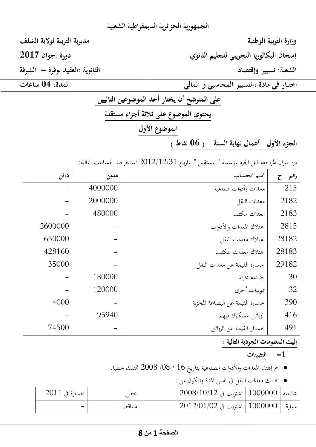 اختبار في التسيير المحاسبي الفصل الثالث السنة الثالثة ثانوي رقم 21 مع التصحيح