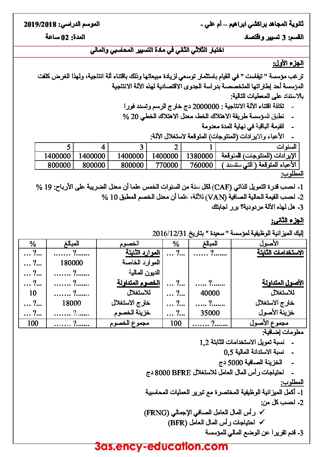 اختبار في التسيير المحاسبي الفصل الثاني السنة الثالثة ثانوي رقم 21
