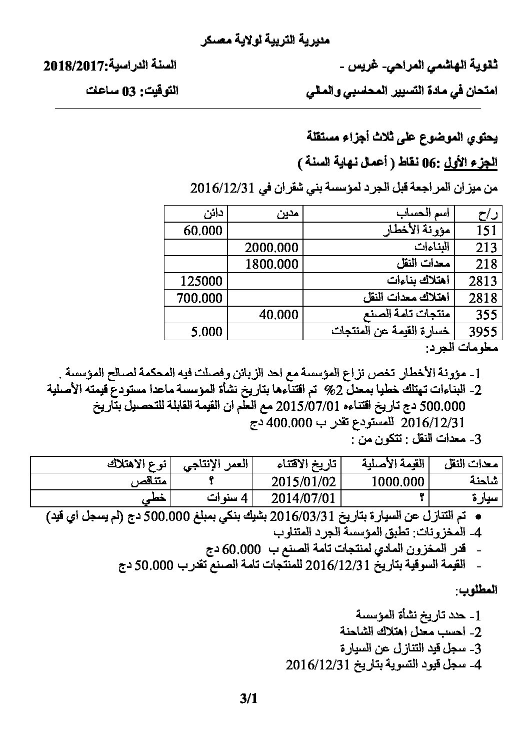 اختبار في التسيير المحاسبي الفصل الأول السنة الثالثة ثانوي رقم 22