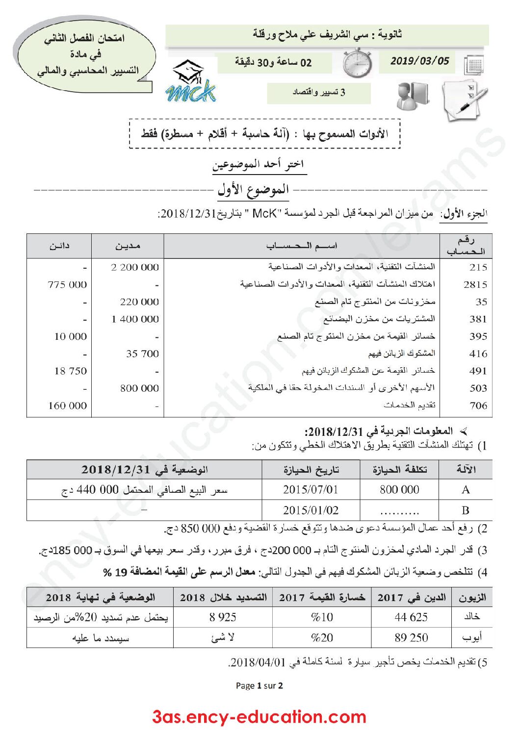 اختبار في التسيير المحاسبي الفصل الثاني السنة الثالثة ثانوي رقم 22