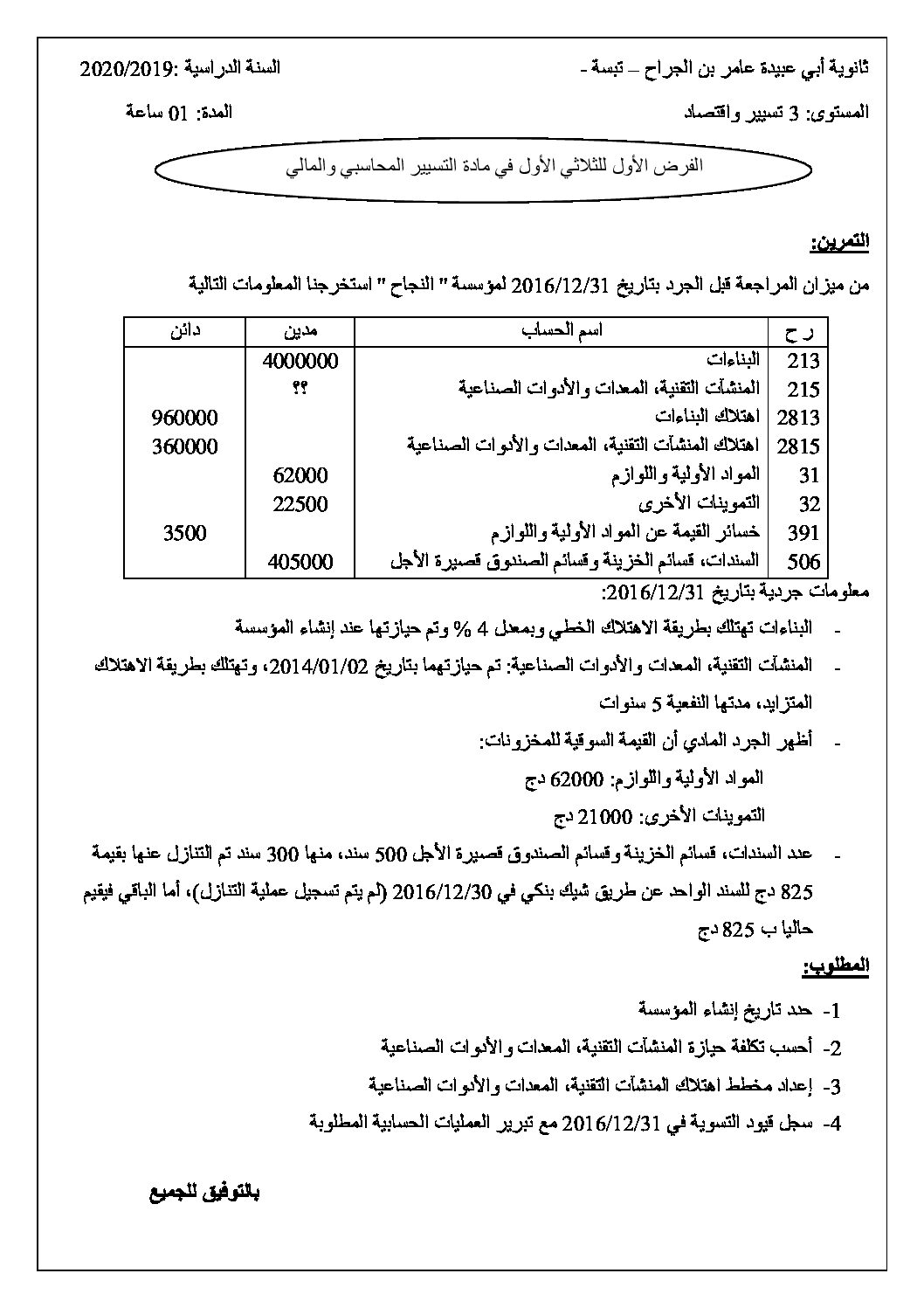 فرض في التسيير المحاسبي الفصل الأول السنة الثالثة ثانوي رقم 22