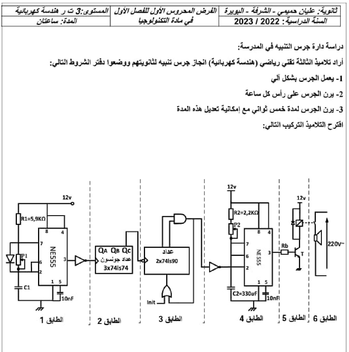 فرض في الهندسة الكهربائية الفصل الأول السنة الثالثة ثانوي رقم 22