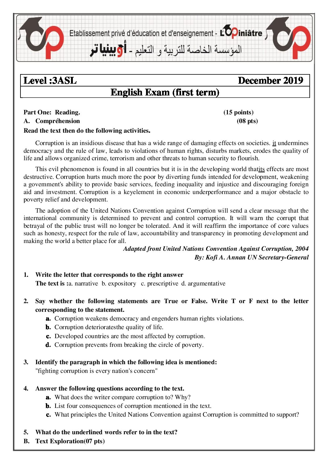 اختبار في اللغة الإنجليزية الفصل الأول السنة الثالثة ثانوي شعب أدبية رقم 23 مع التصحيح