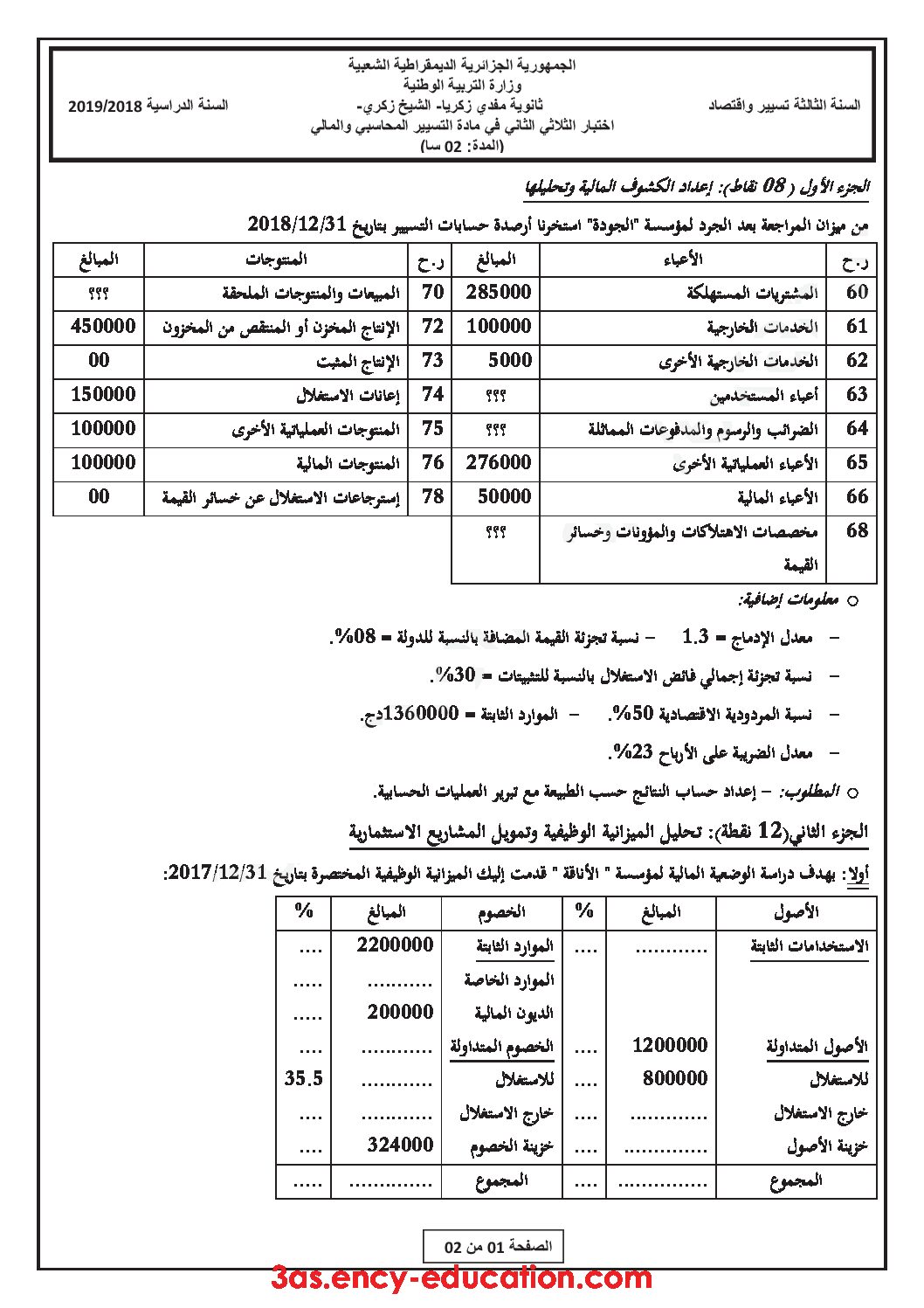 اختبار في التسيير المحاسبي الفصل الثاني السنة الثالثة ثانوي رقم 23