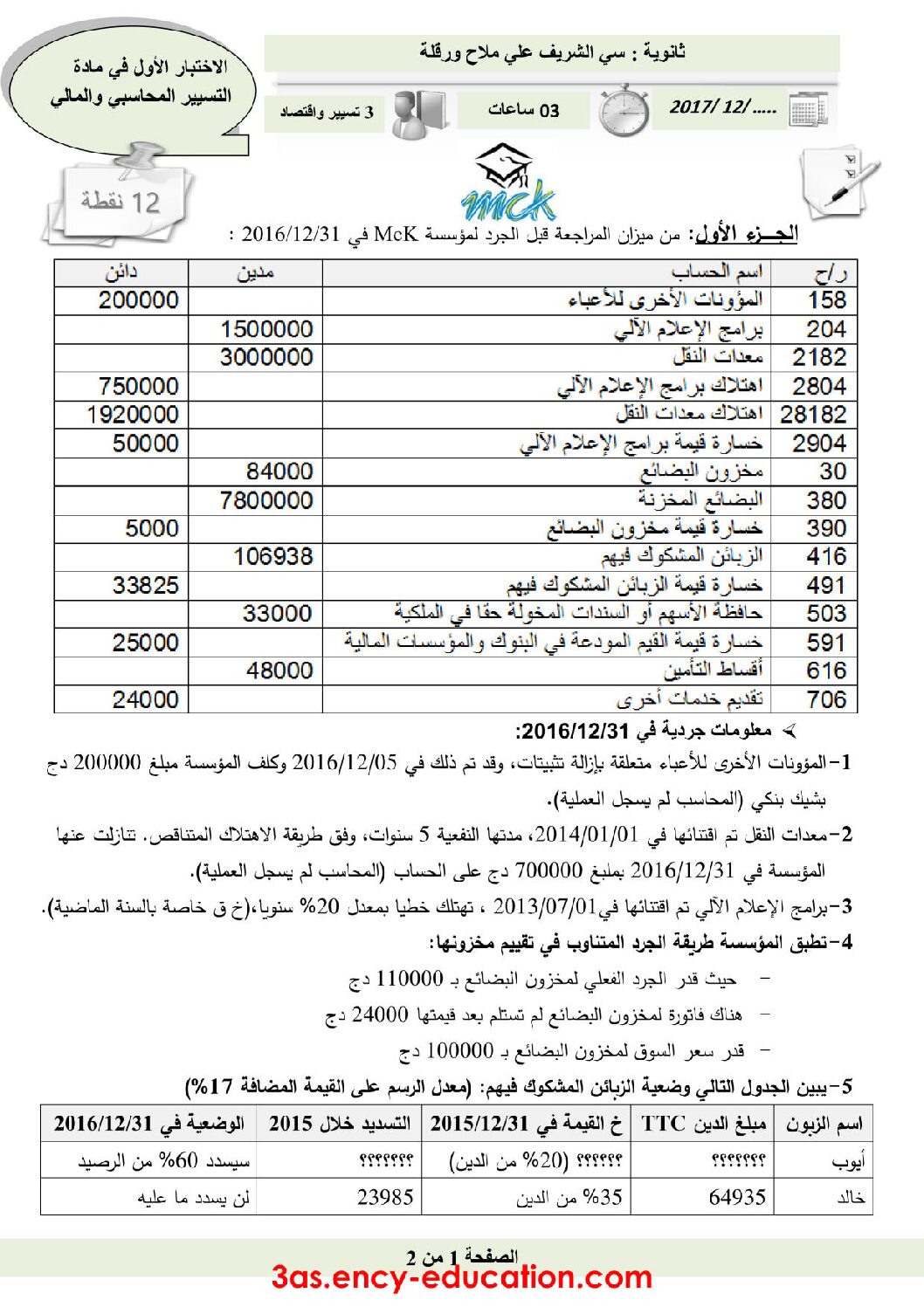 اختبار في التسيير المحاسبي الفصل الأول السنة الثالثة ثانوي رقم 24