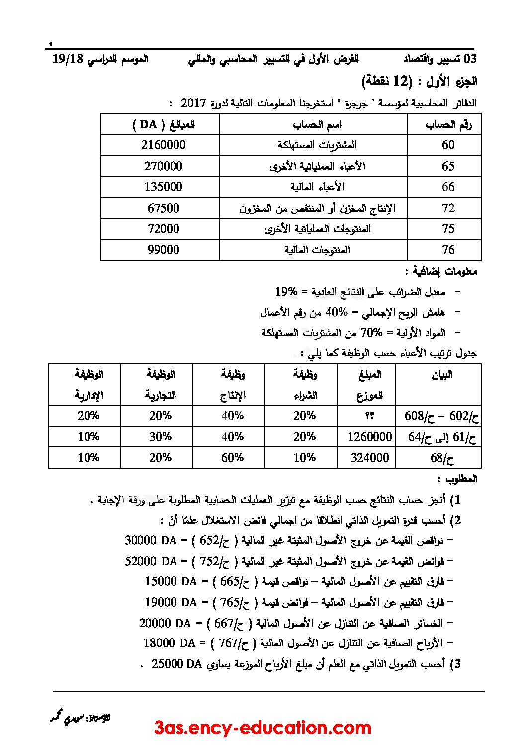 اختبار في التسيير المحاسبي الفصل الثاني السنة الثالثة ثانوي رقم 24 مع التصحيح