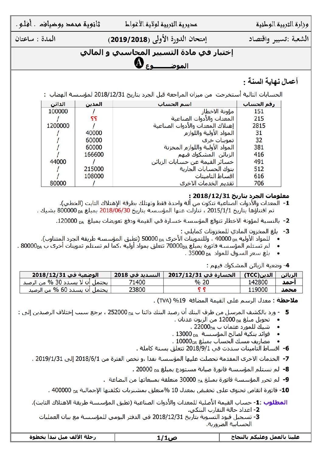 اختبار في التسيير المحاسبي الفصل الأول السنة الثالثة ثانوي رقم 27 مع التصحيح