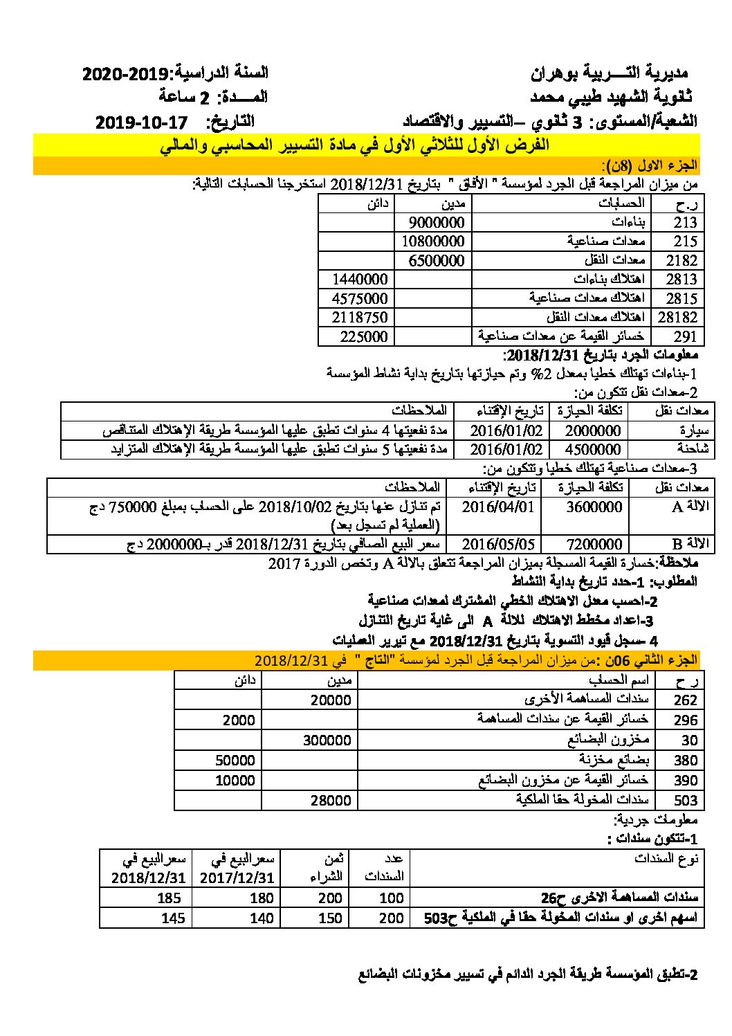 فرض في التسيير المحاسبي الفصل الأول السنة الثالثة ثانوي رقم 29