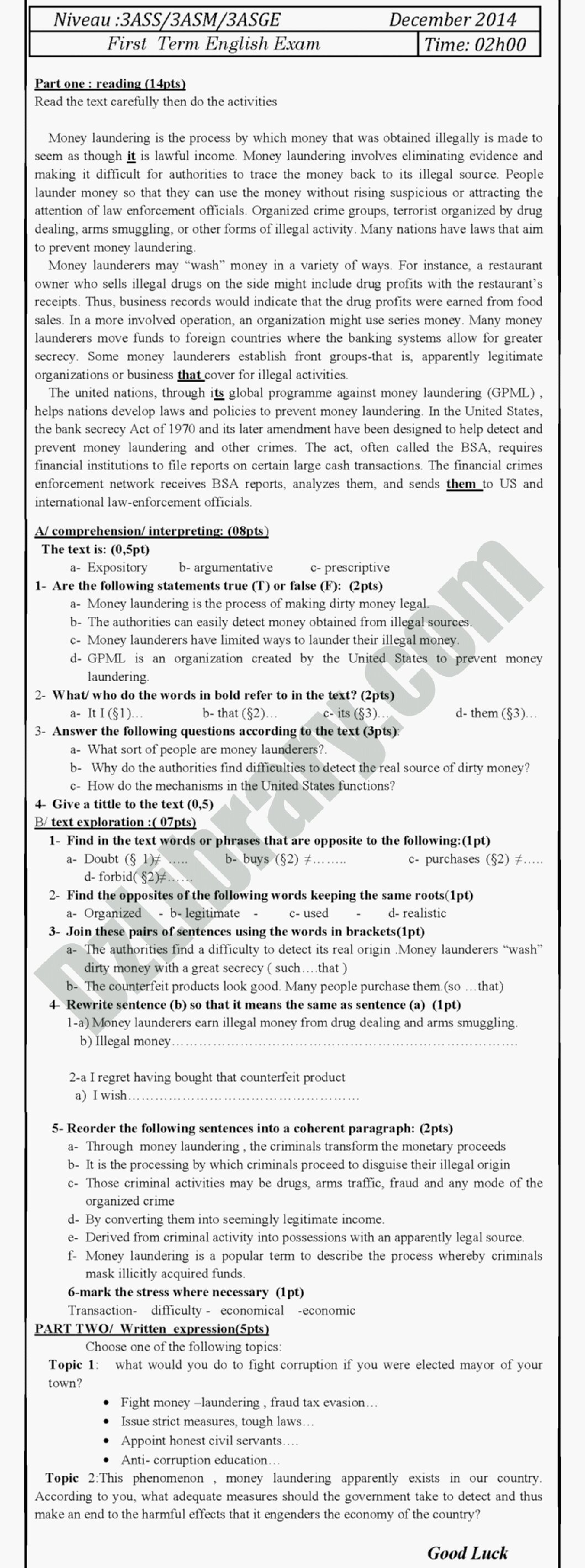 اختبار في اللغة الإنجليزية الفصل الأول السنة الثالثة ثانوي شعب علمية رقم 3 مع التصحيح