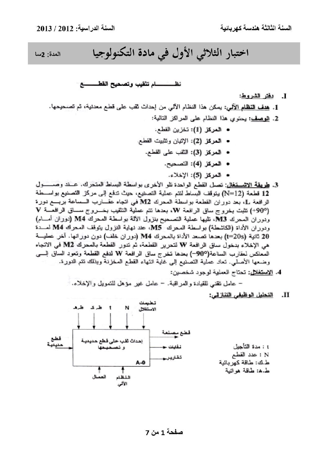 اختبار في الهندسة الكهربائية الفصل الأول السنة الثالثة ثانوي رقم 3 مع التصحيح