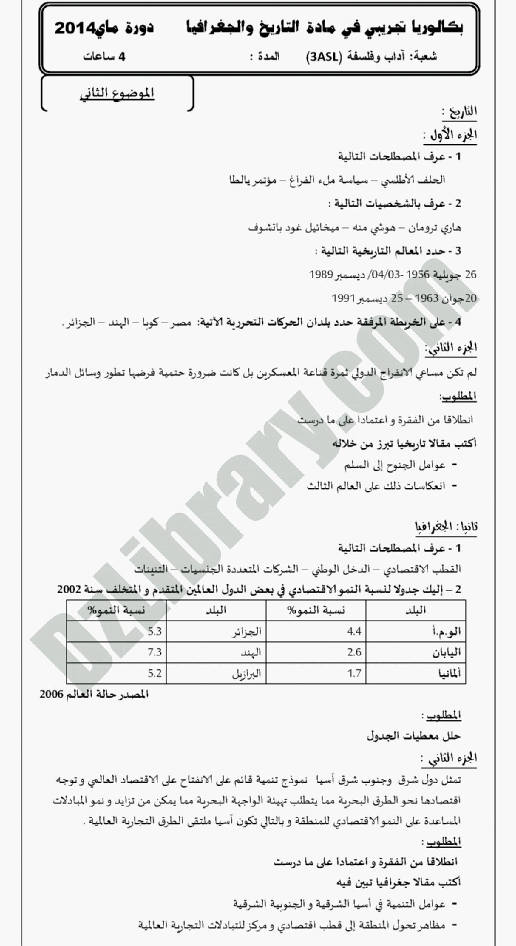 اختبار في التاريخ والجغرافيا الفصل الثالث السنة الثالثة ثانوي شعب أدبية رقم 3 مع التصحيح