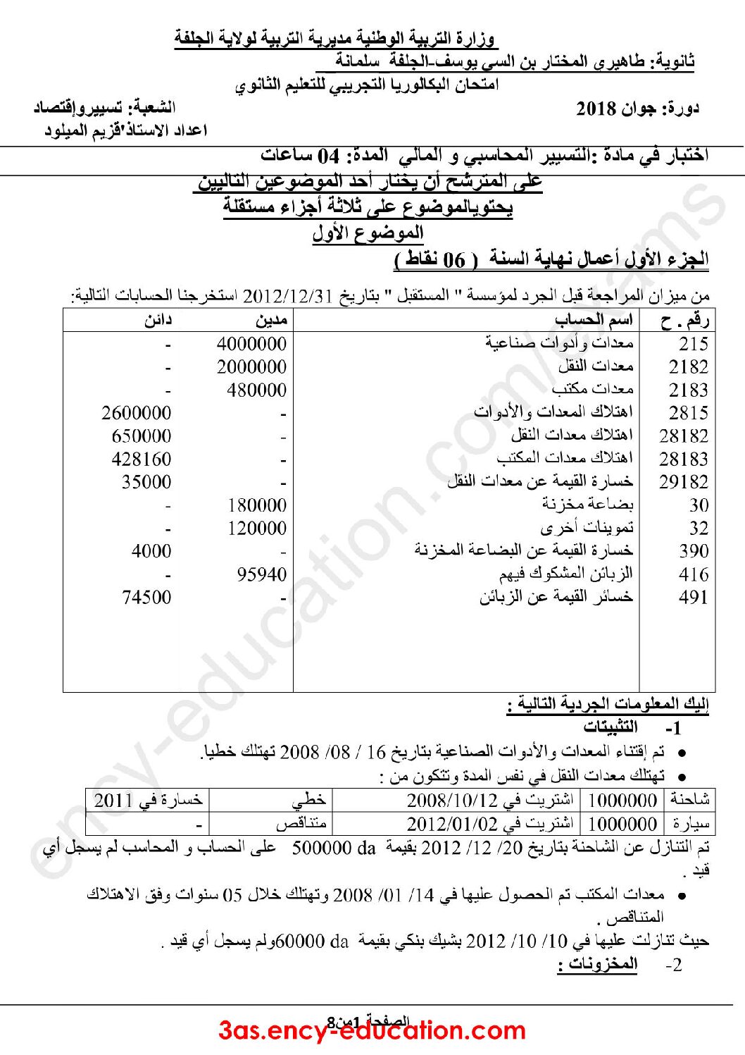 اختبار في التسيير المحاسبي الفصل الثالث السنة الثالثة ثانوي رقم 30