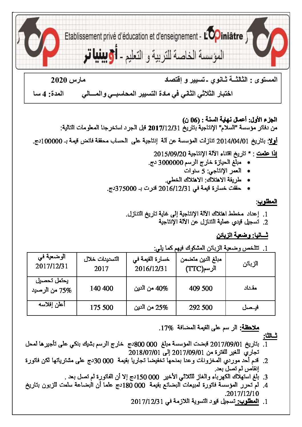 اختبار في التسيير المحاسبي الفصل الثاني السنة الثالثة ثانوي رقم 30
